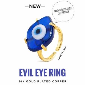 🧿 Evil Eye Ring - Hand-painted Glass – Adjustable Gold-Plated Band, Protection